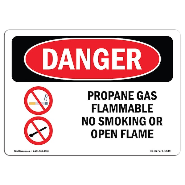 OSHA Sign, Propane Gas Flammable No Smoking, 18in X 12in Rigid Plastic, 12" W, 18" L, Landscape